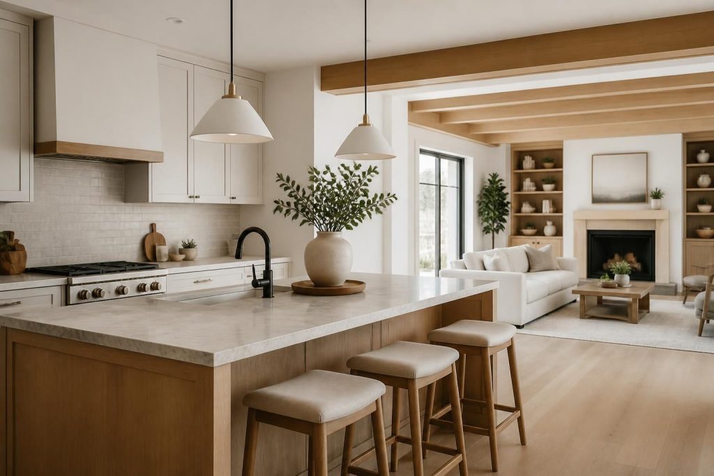Wide view of a modern remodeled kitchen and living area.